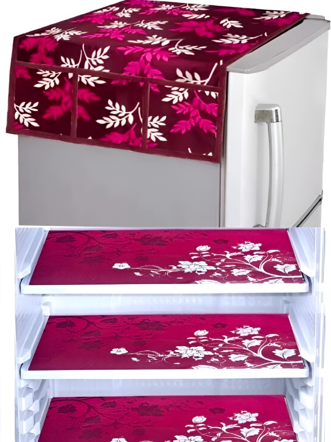 

REVEXO Pink & White 4 Pieces Floral Printed Fridge Refrigerator Cover & Mats