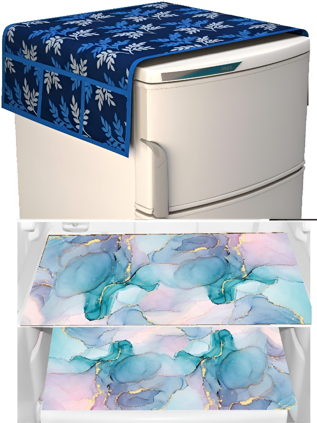 

REVEXO Pink & Blue 4 Pieces Floral Printed Fridge Top Cover & Mats