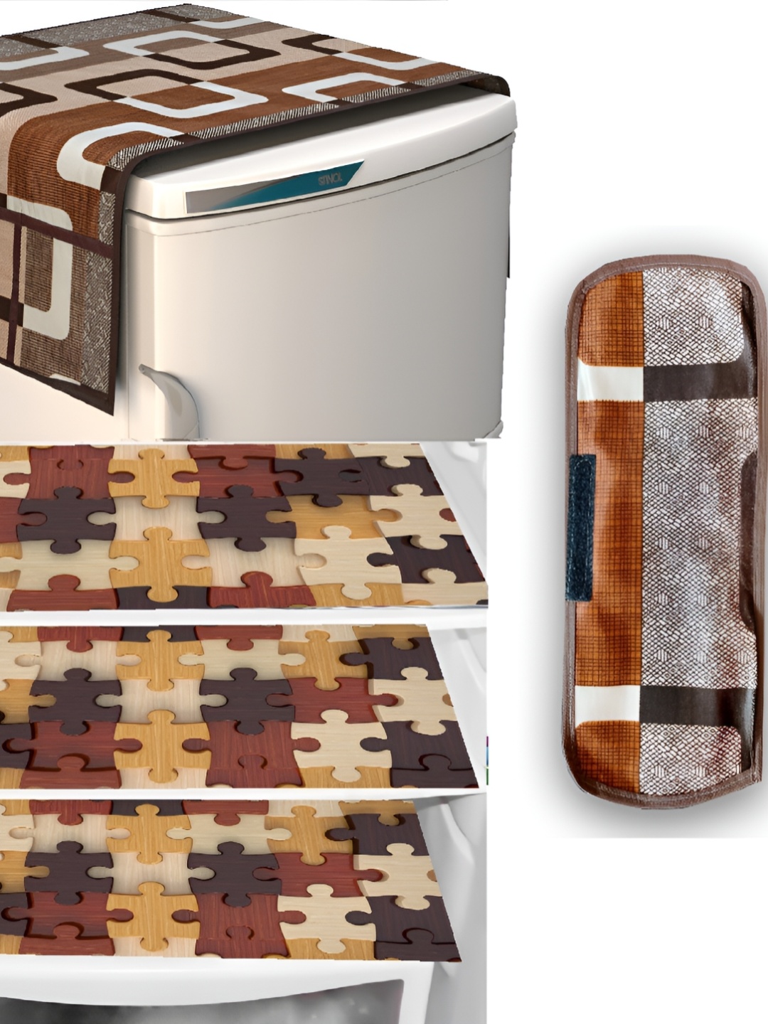 

REVEXO Brown & White 5-Pcs Printed Fridge Top Cover Handle Covers & Mats