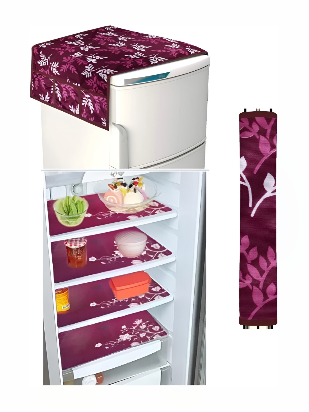 

REVEXO Purple & White 6 Pieces Refrigerator covers, Mats & Handle Cover