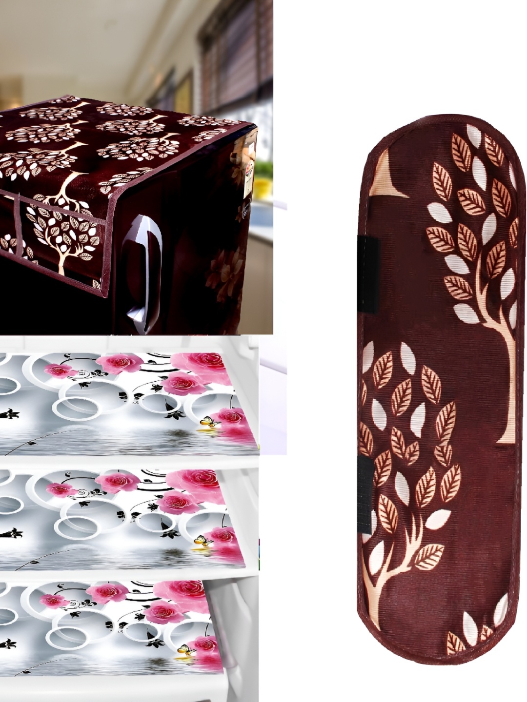

REVEXO Set Of 5 Brown & White Refrigerator covers, Mats & Handle Cover
