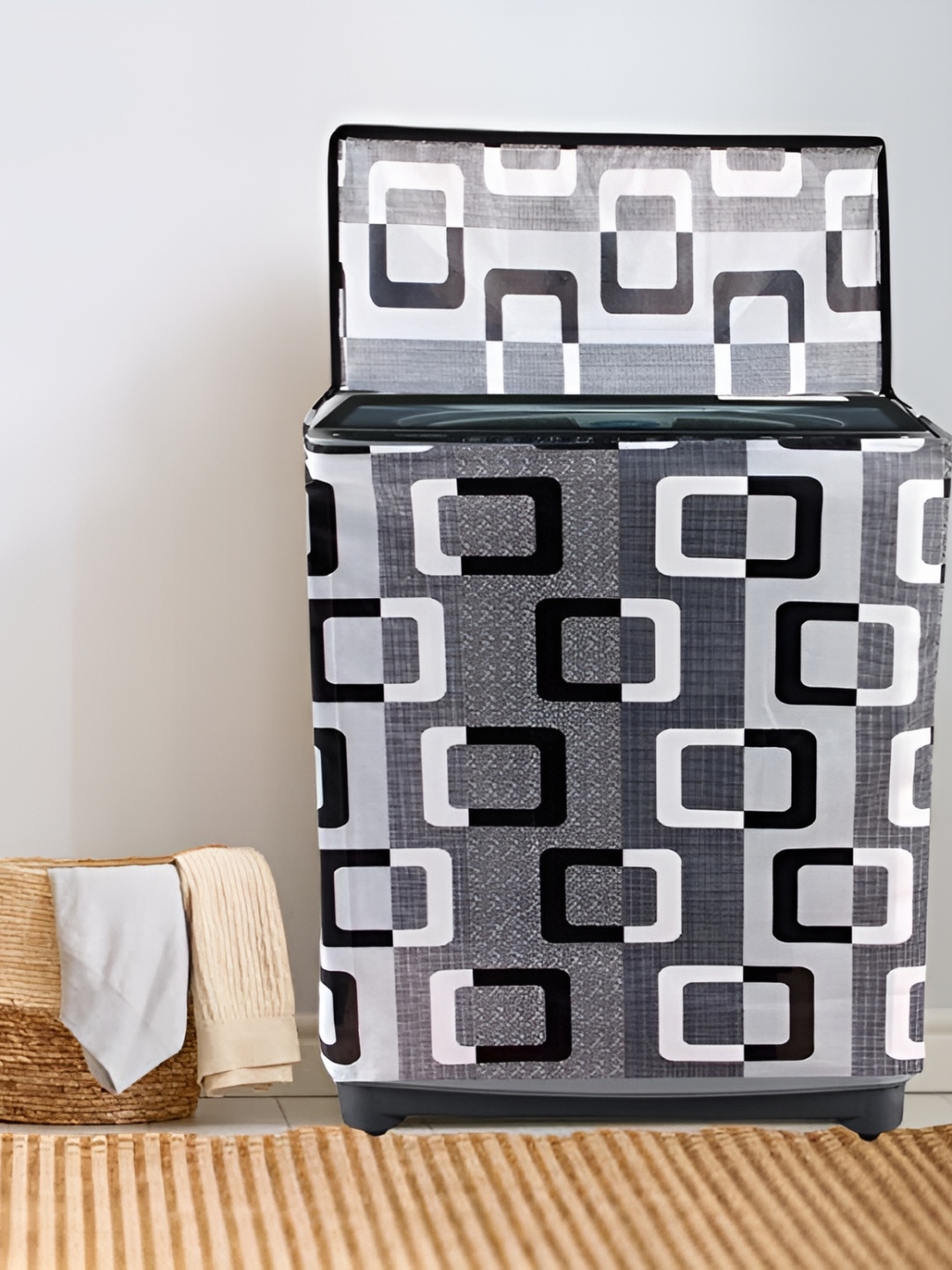 

REVEXO White Printed Washing Machine Cover, Silver