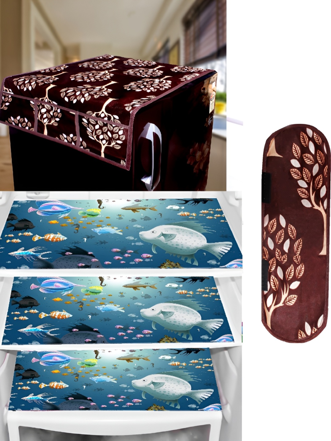 

REVEXO Brown & Blue 5 Pieces Refrigerator Covers & Mats & Handle Cover