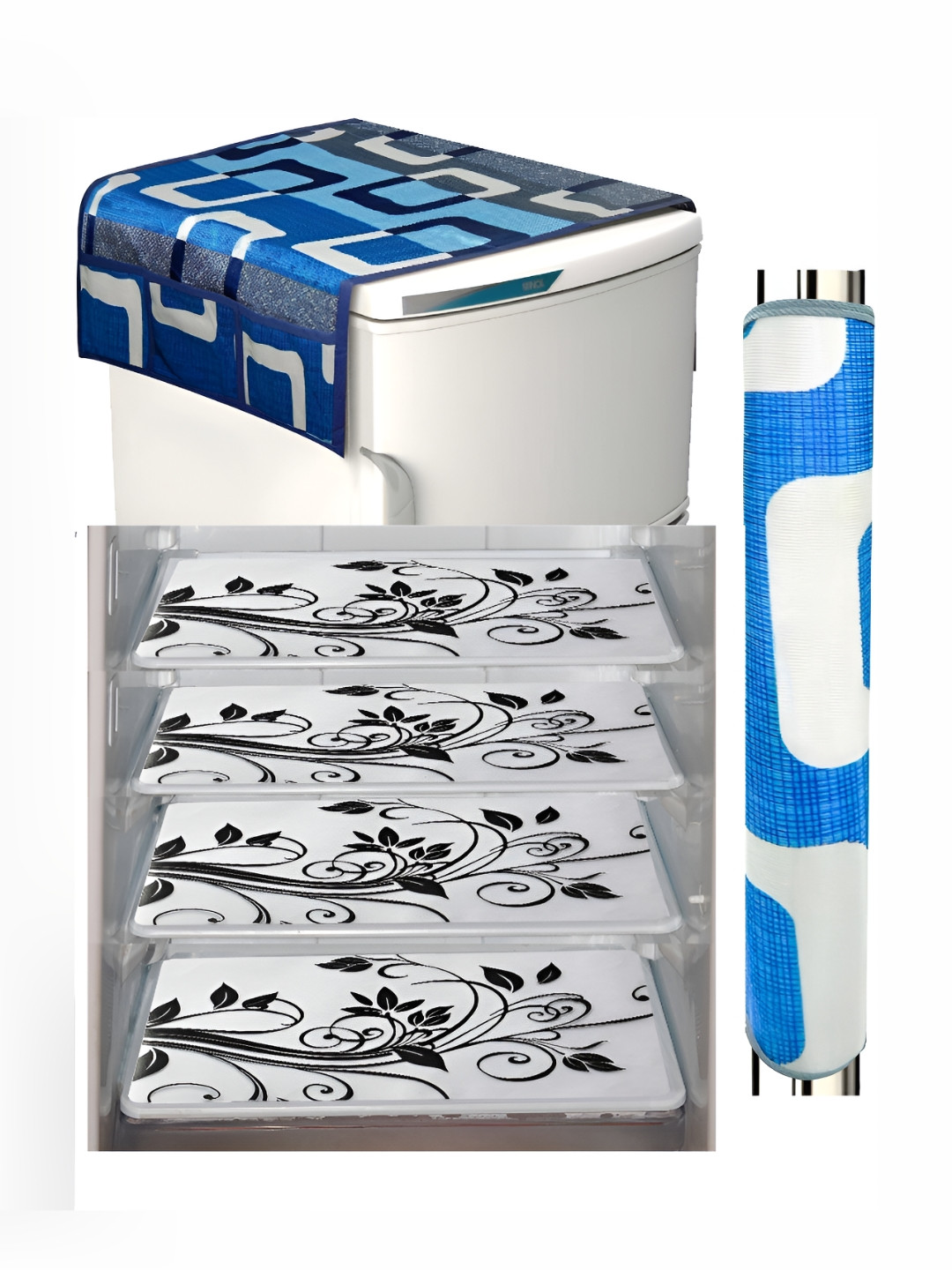 

REVEXO Blue & White 6 Pieces Refrigerator covers, Mats & Handle Covers