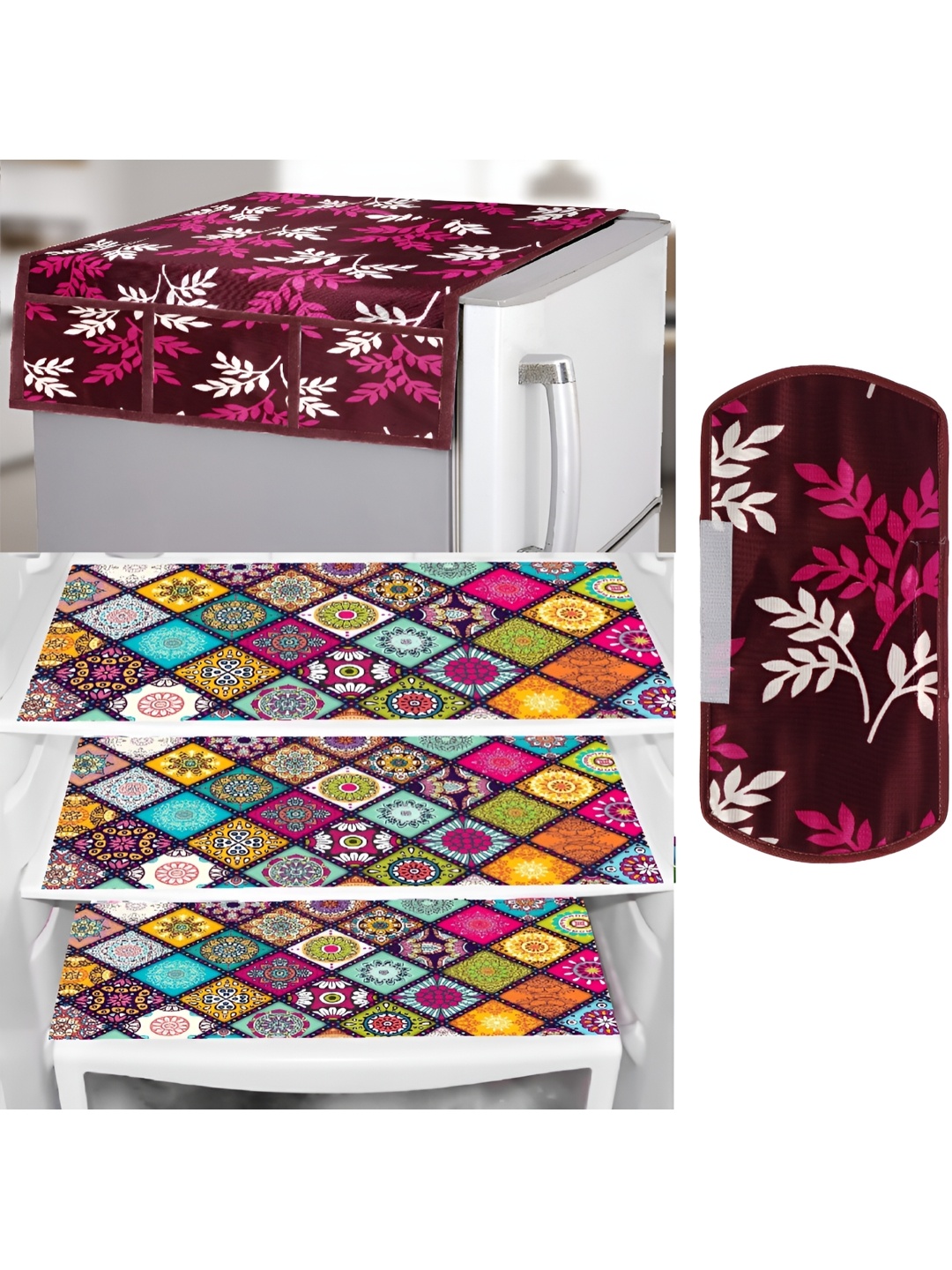 

REVEXO Pink & White 5 Pieces Refrigerator covers, Mats & Handle Cover