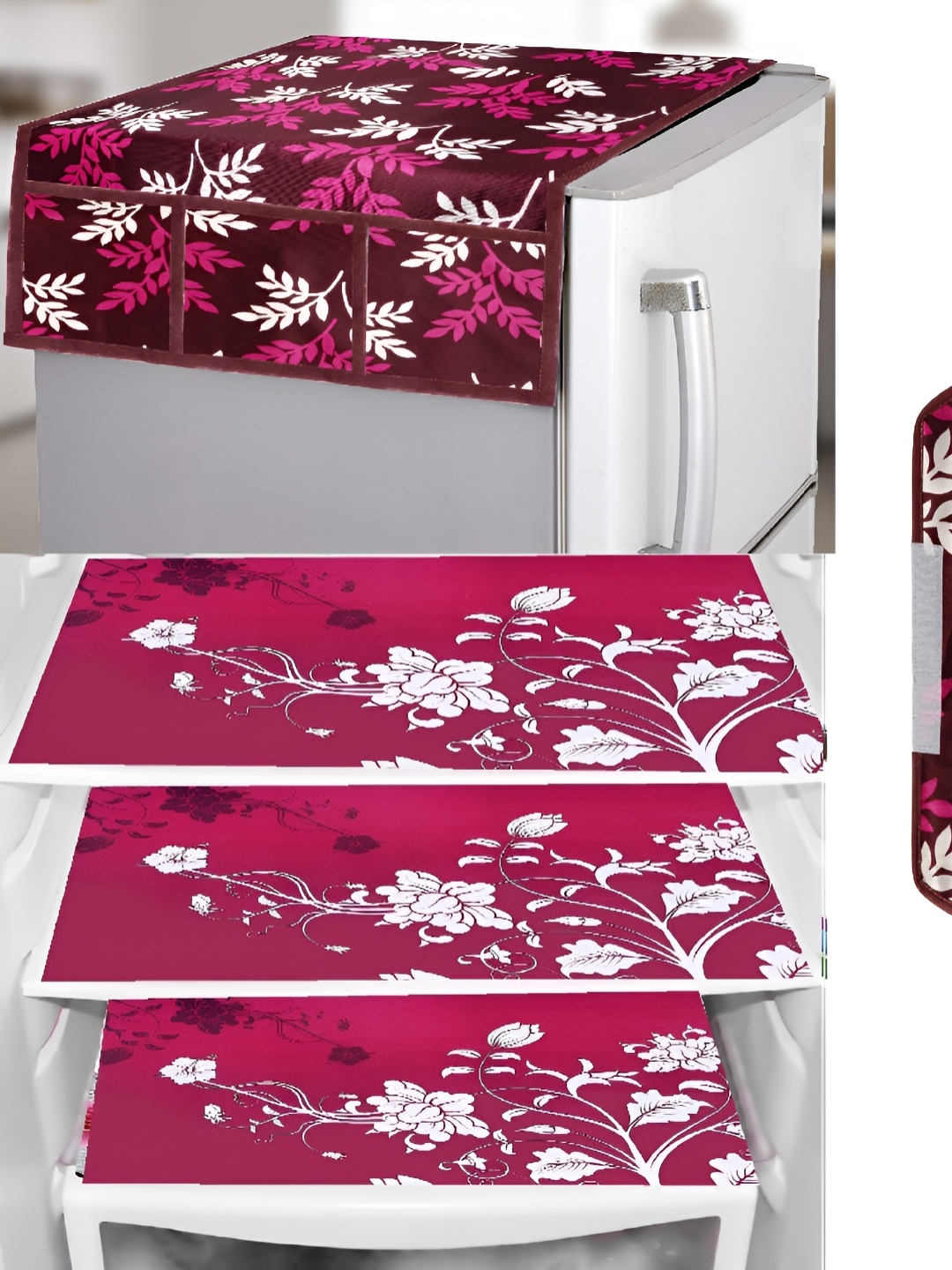 

REVEXO Burgundy & Pink 5 Pcs Printed Fridge Top Cover Handle Covers & Mats