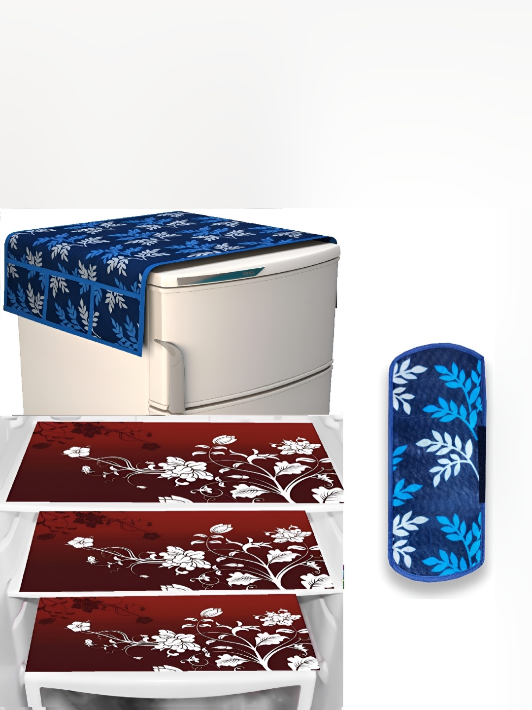 

REVEXO 5 Pieces Burgundy & Blue Printed Fridge Top Cover Handle Covers & Mats