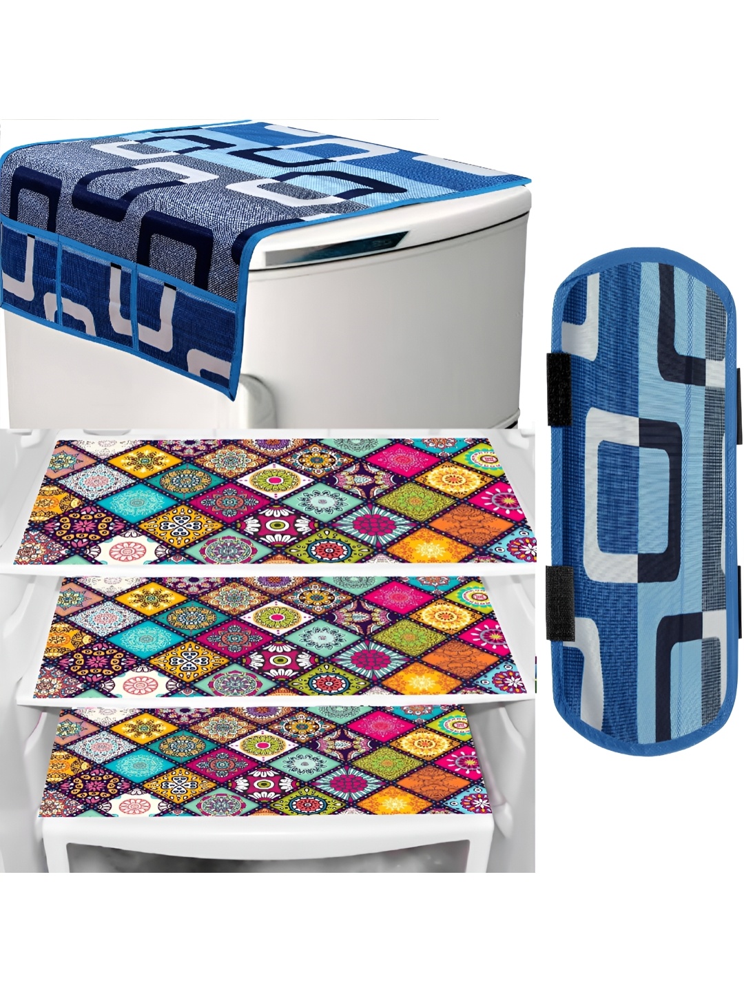 

REVEXO Pink & Blue 5 Pcs Printed Fridge Top Cover Handle Covers & Mats