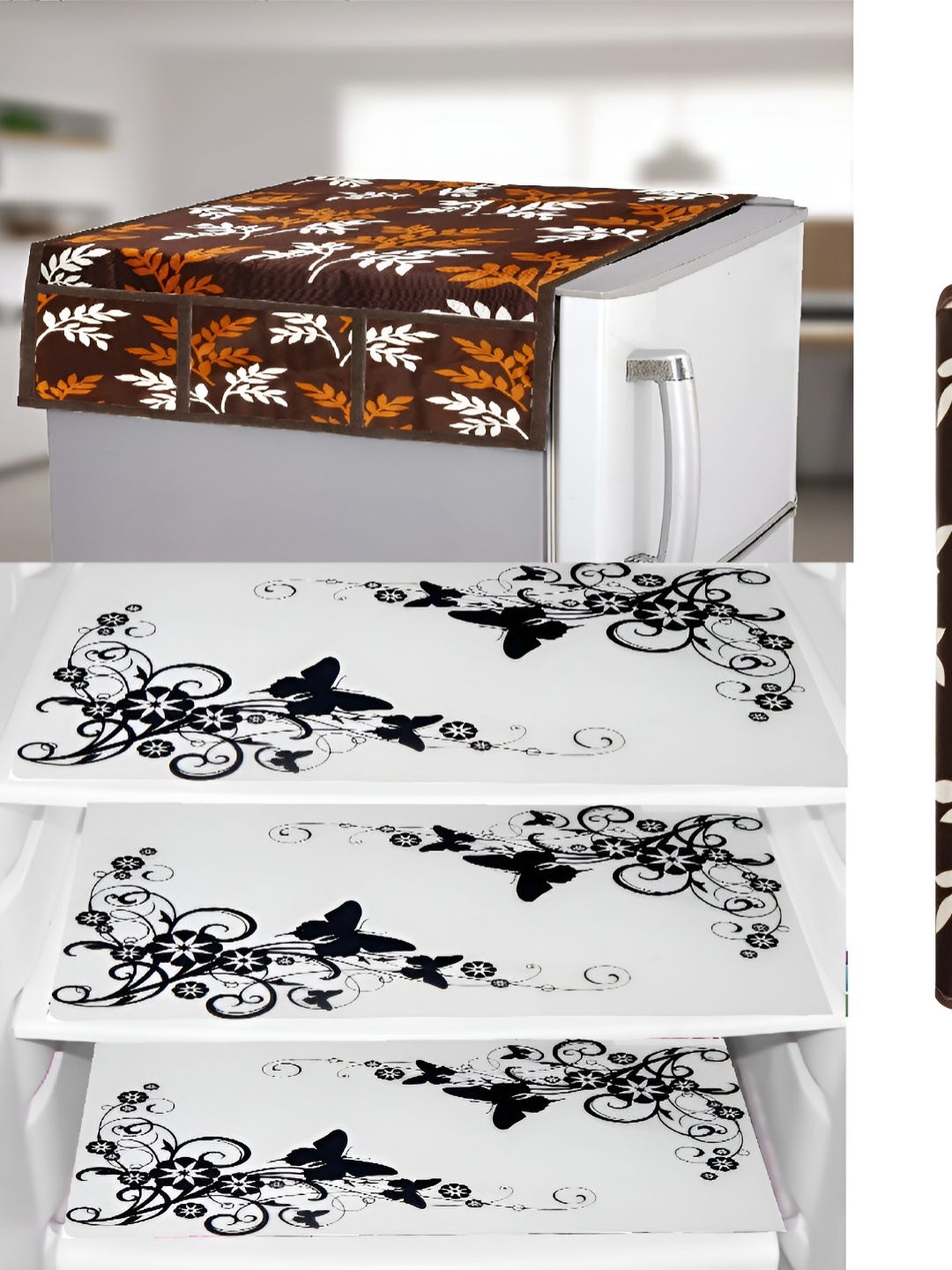 

REVEXO Black & Brown 5 Pieces Floral Printed Fridge Appliance Covers, White