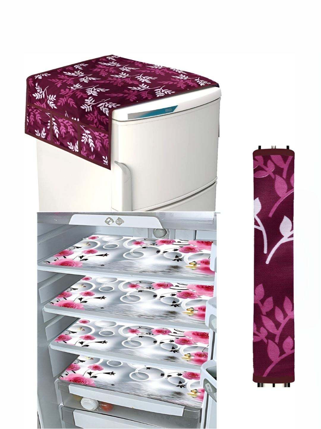 

REVEXO Burgundy & White 6 Pieces Printed Fridge Top Cover Handle Covers & Mats