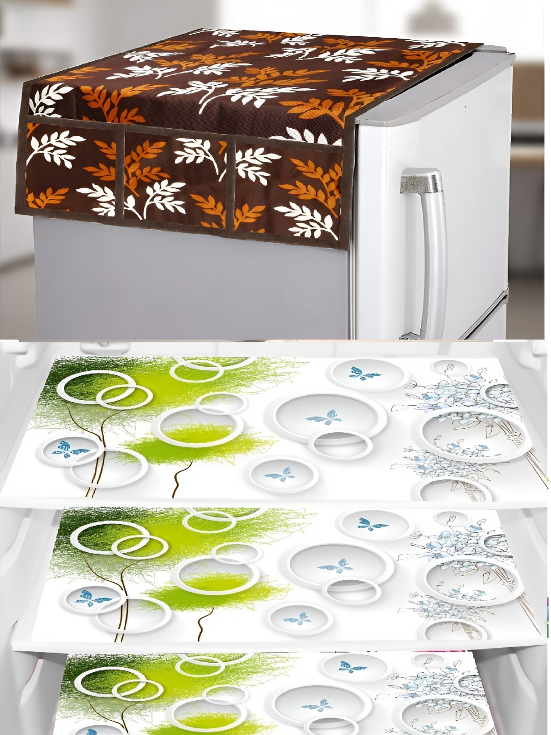 

REVEXO Brown & White 4 Pieces Refrigerator covers & Mats