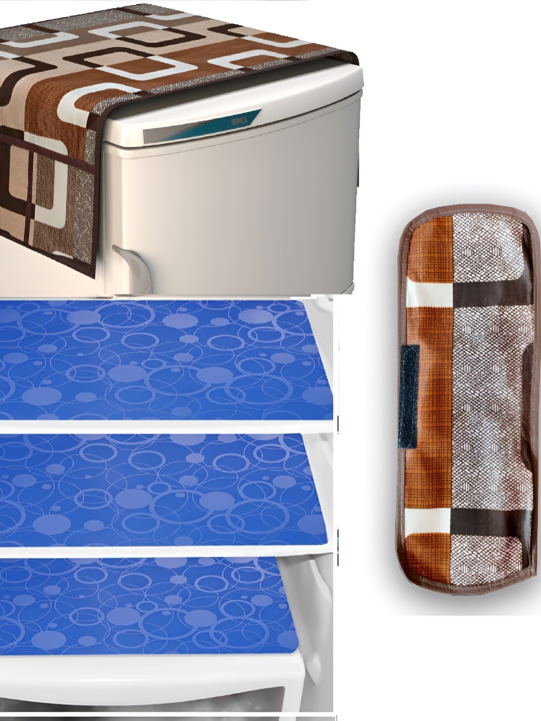 

REVEXO Brown & Blue 5 Pieces Printed Fridge Top Cover Handle Covers & Mats