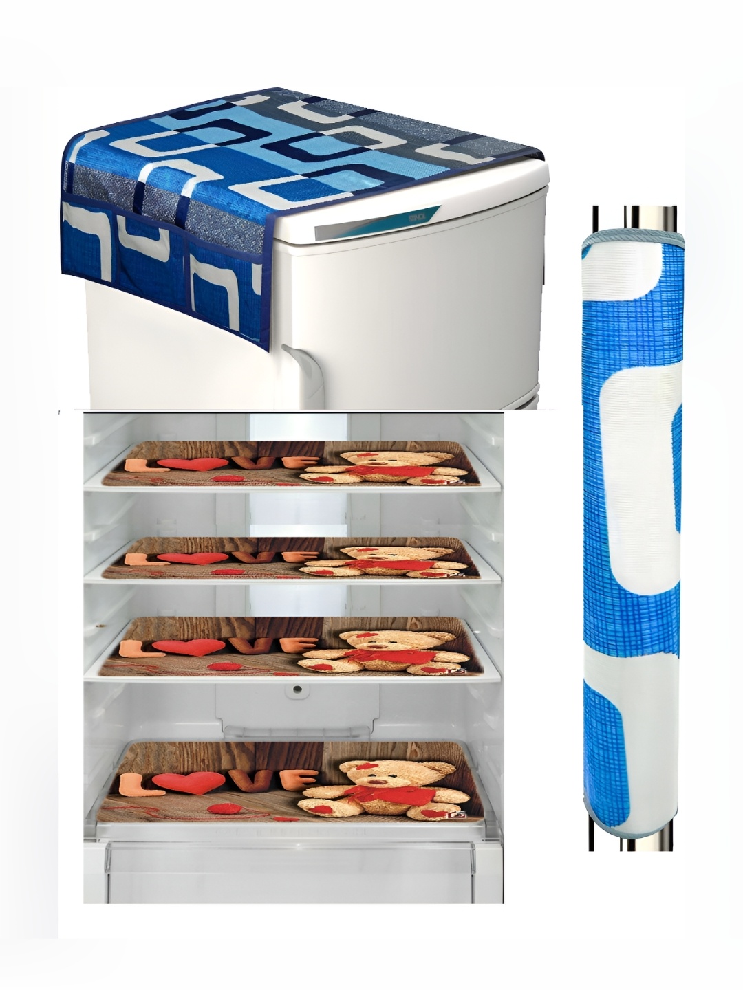 

REVEXO Brown & Blue 6 Pieces Printed Fridge Top Cover Handle Covers & Mats