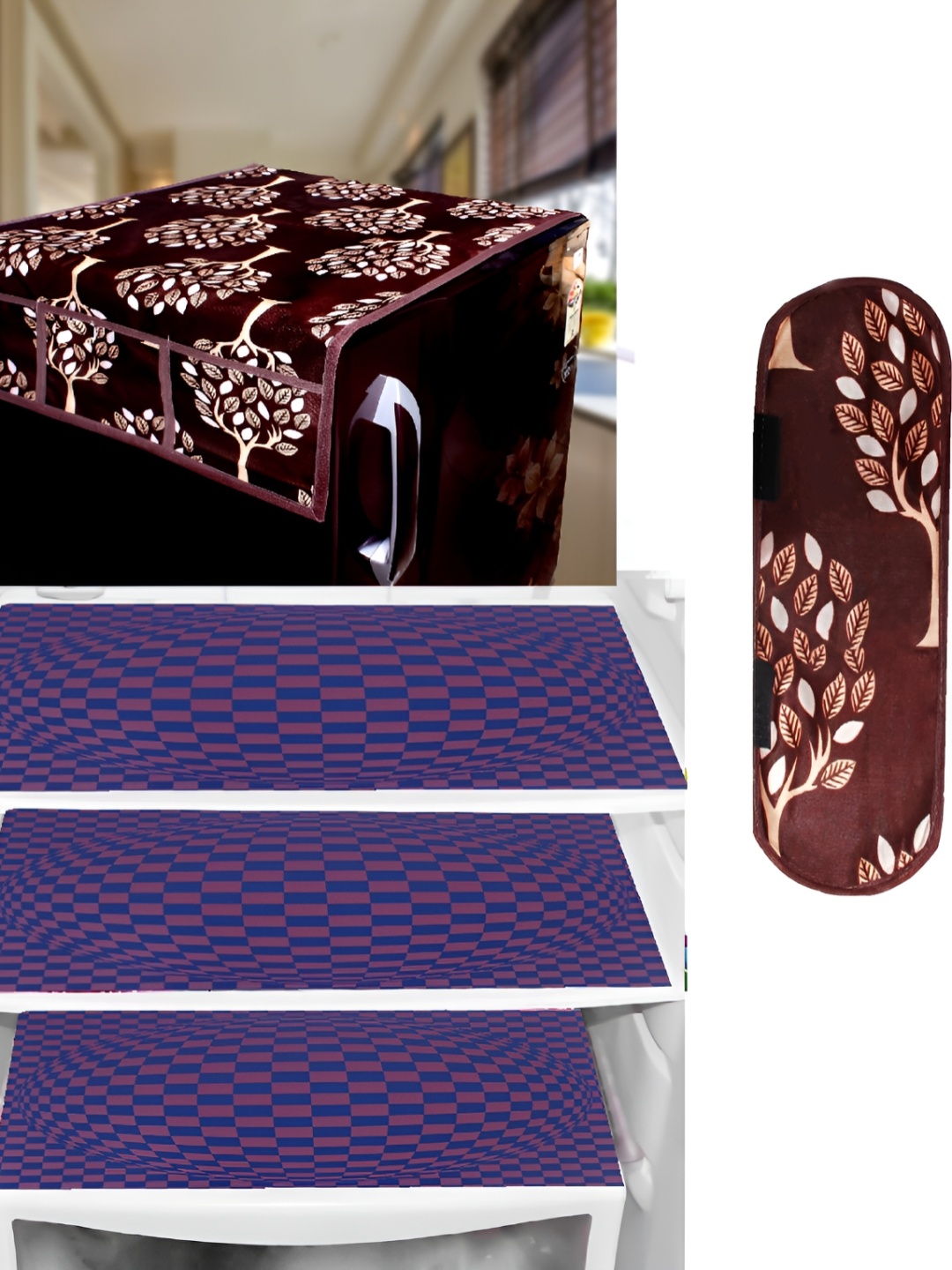 

REVEXO 5-Pcs Maroon & Blue Printed Fridge Top Cover & Mats, Multi