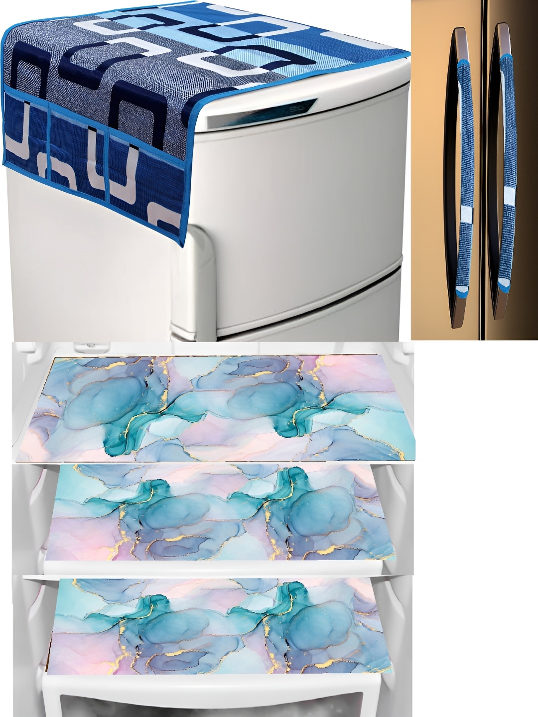 

REVEXO Blue & Black 5 Pieces Fridge Top Cover & Mats