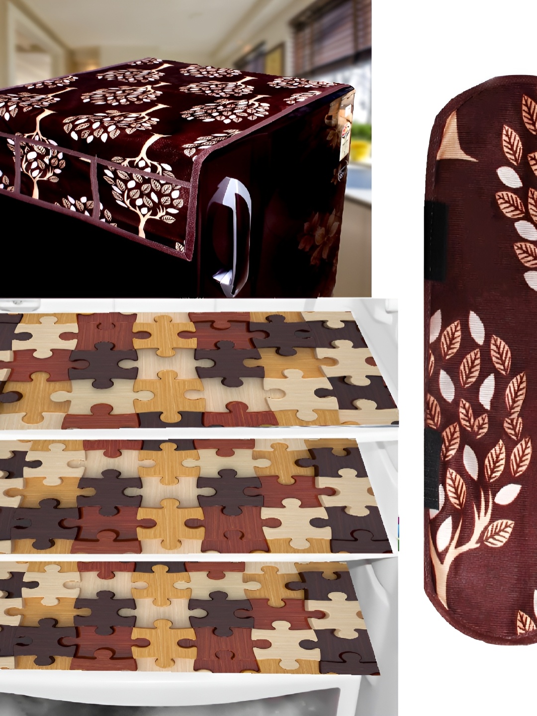 

REVEXO Burgundy & Brown 5 Pieces Printed Fridge Top Cover Handle Covers & Mats