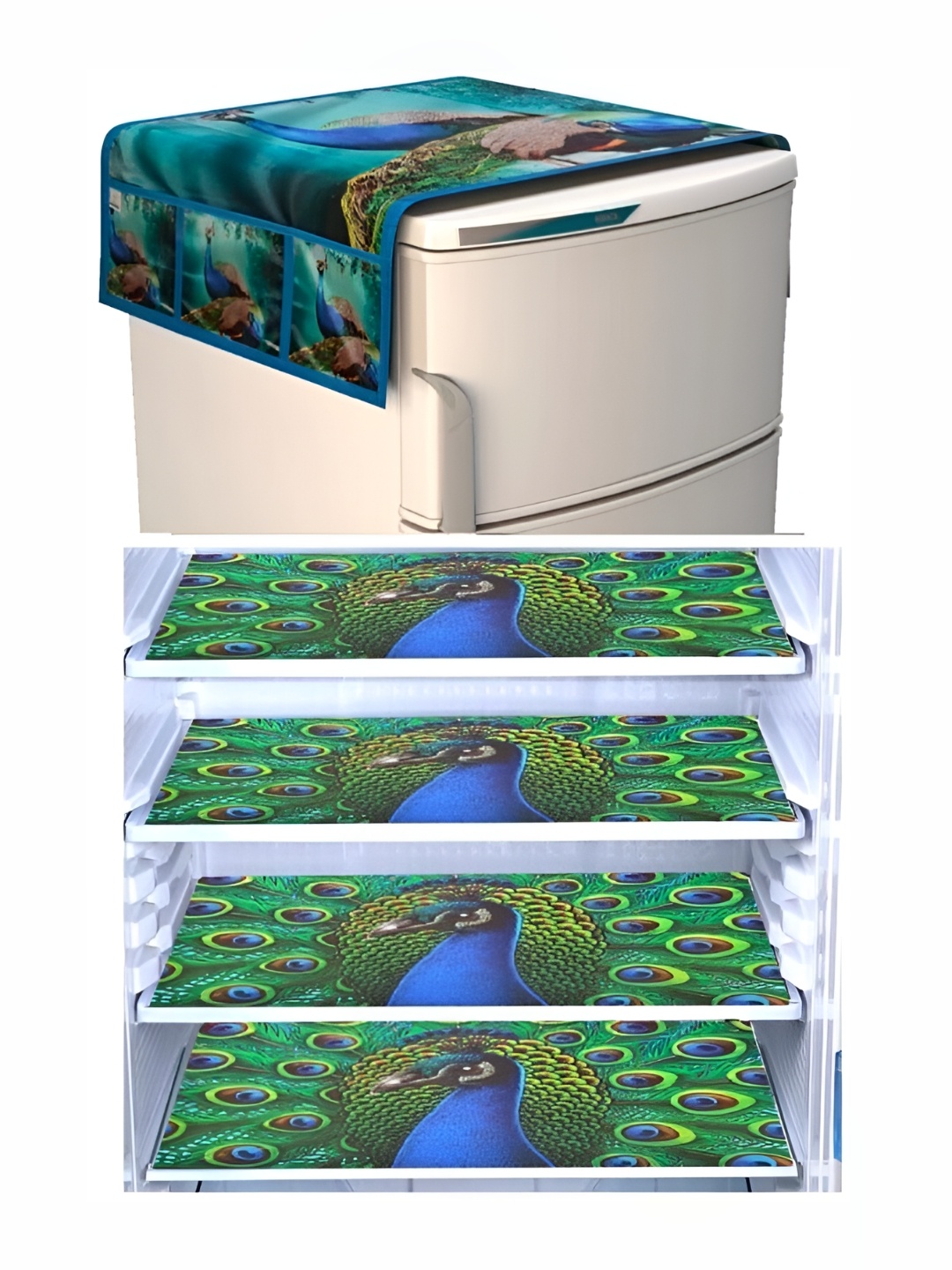

REVEXO Green & Blue Printed Refrigerator Cover