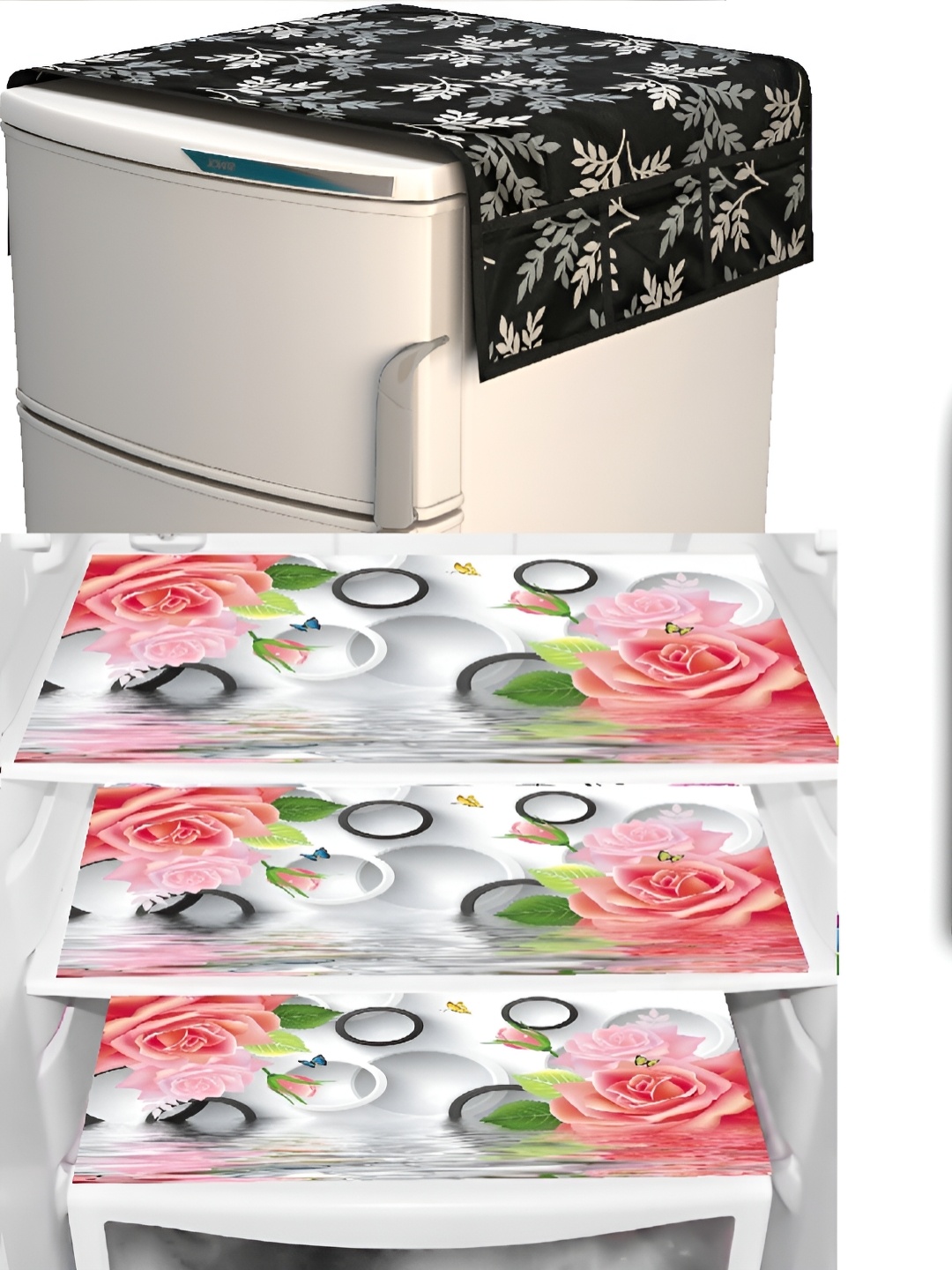 

REVEXO Black & White 5 Pieces Printed Fridge Top Cover Handle Covers & Mats