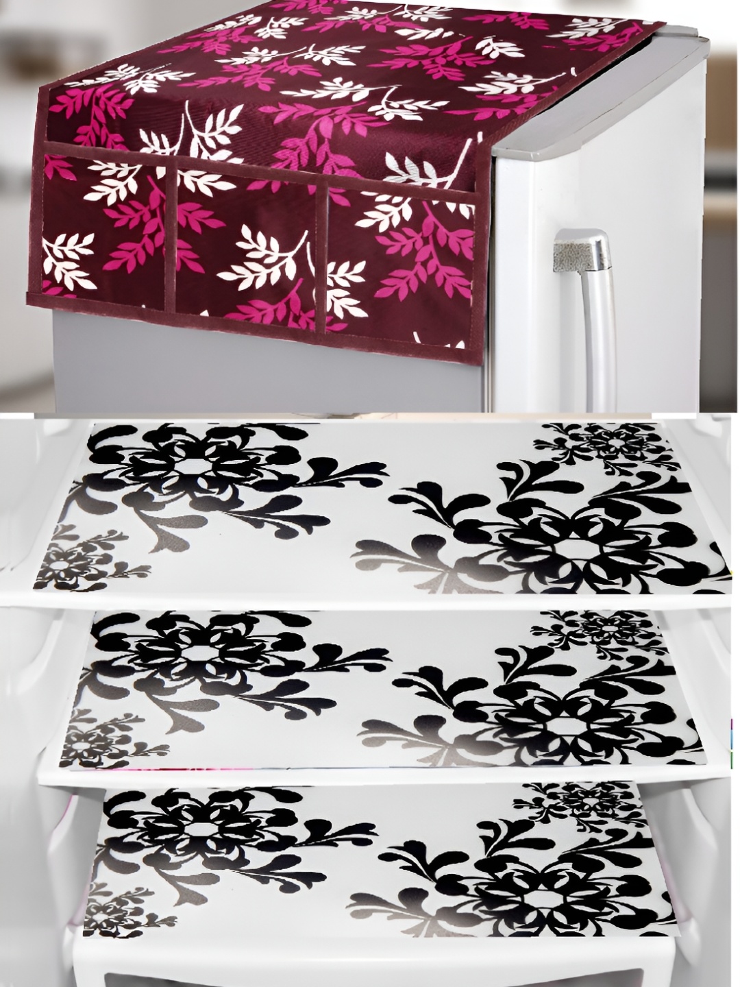 

REVEXO White & Burgundy 4 Pieces Printed Refrigerator Covers