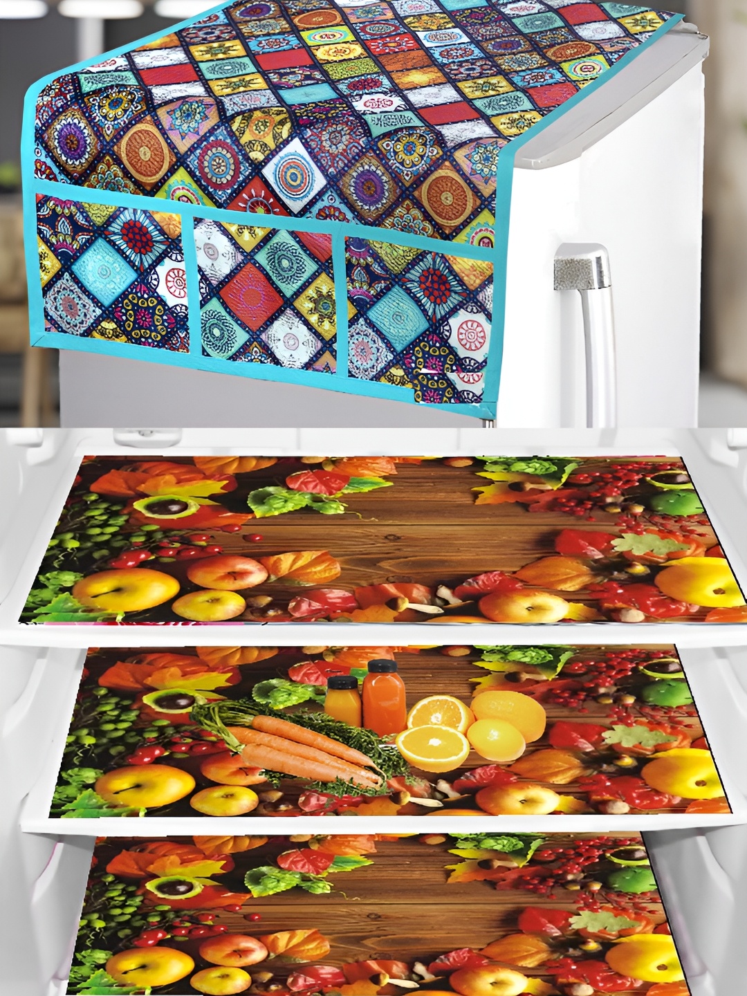 

REVEXO Brown & Blue 5 Pieces Printed Fridge Top Cover & Mats