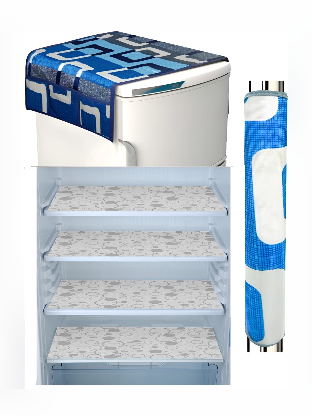 

REVEXO White & Blue 5 Pieces Printed Fridge Top Cover Handle Covers & Mats