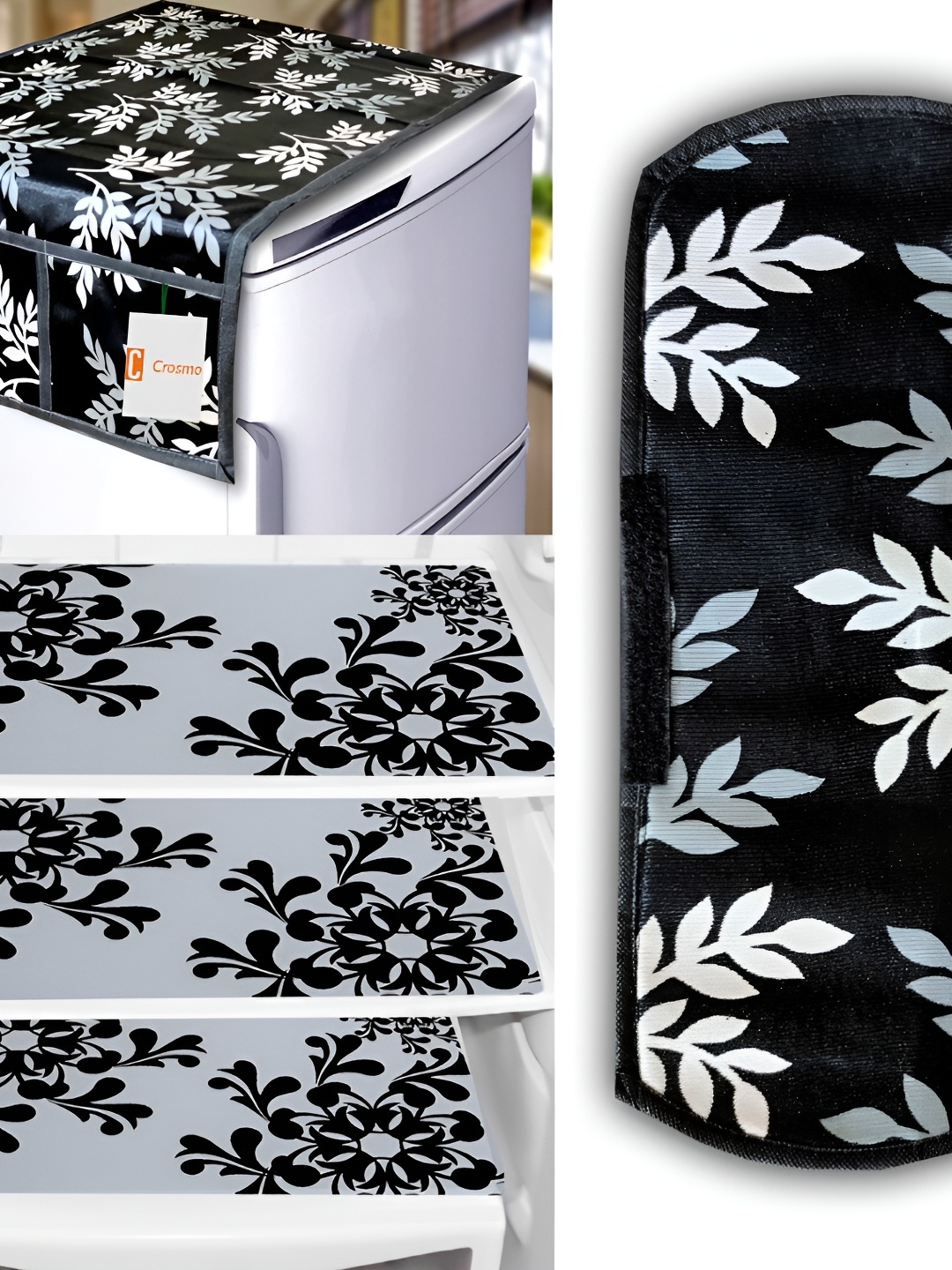 

REVEXO Black & White 5 Pieces Printed Fridge Top Cover Handle Covers & Mats
