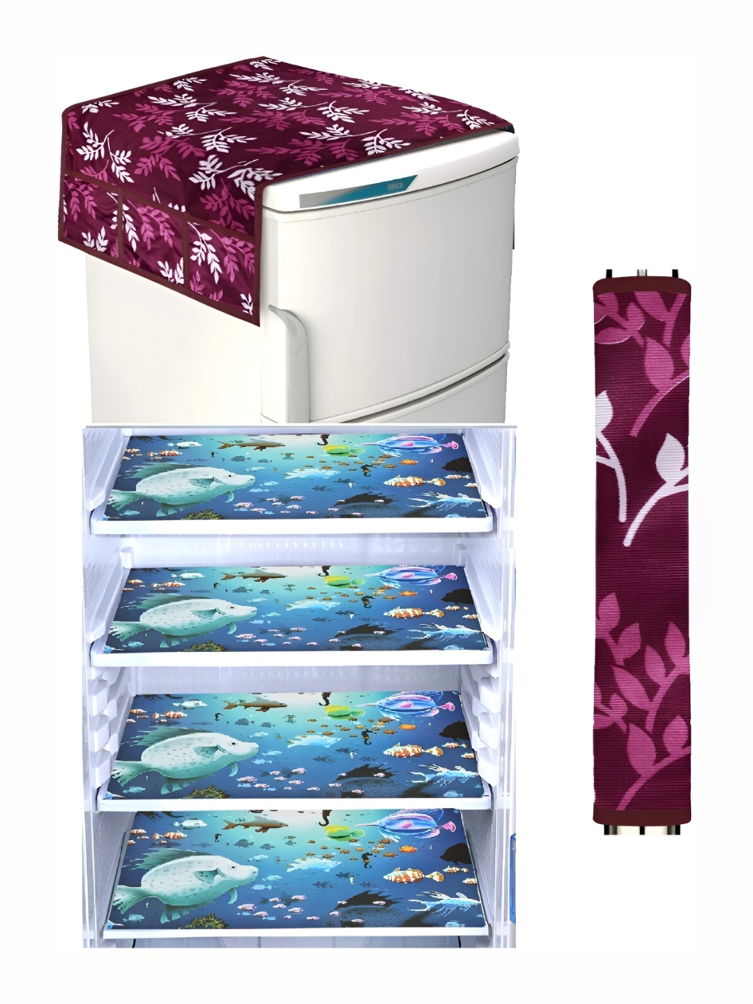 

REVEXO Burgundy & Blue 5 Pieces Printed Fridge Top Cover Handle Covers & Mats