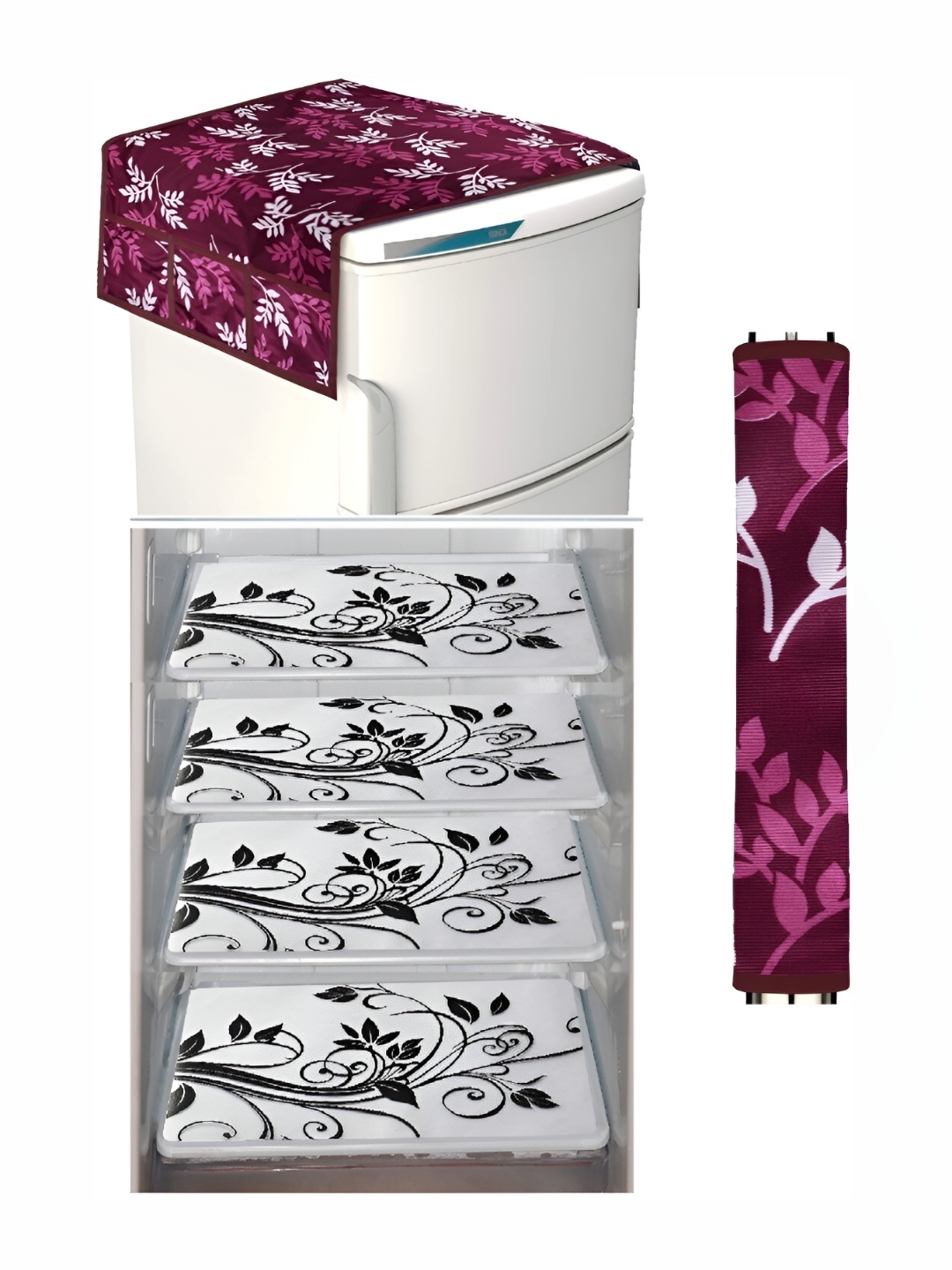 

REVEXO Maroon & White 5 Pieces Fridge Top Cover & Mats