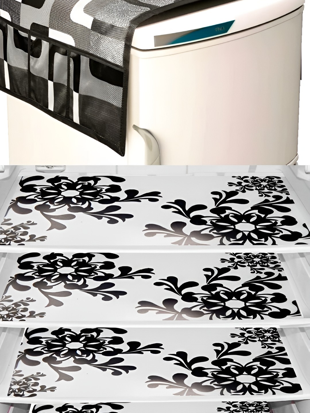 

REVEXO Black & White 5 Pieces Printed Fridge Top Cover & Mats