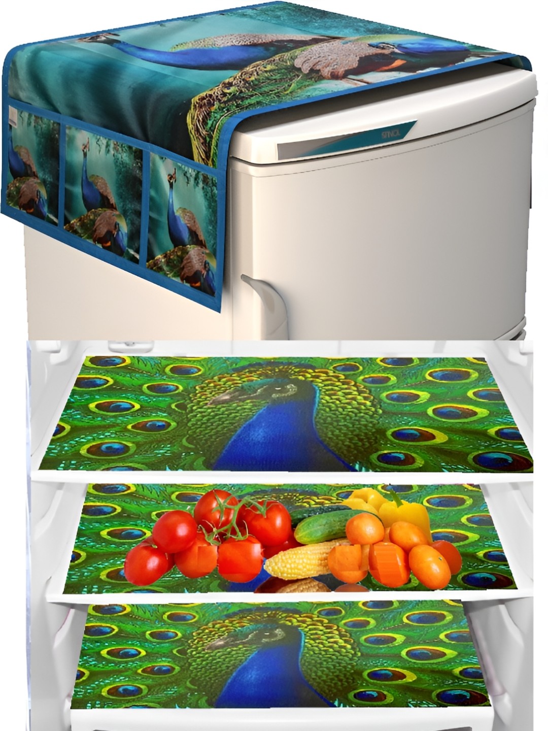 

REVEXO Green & Blue 5 Pieces Printed Refrigerator Cover