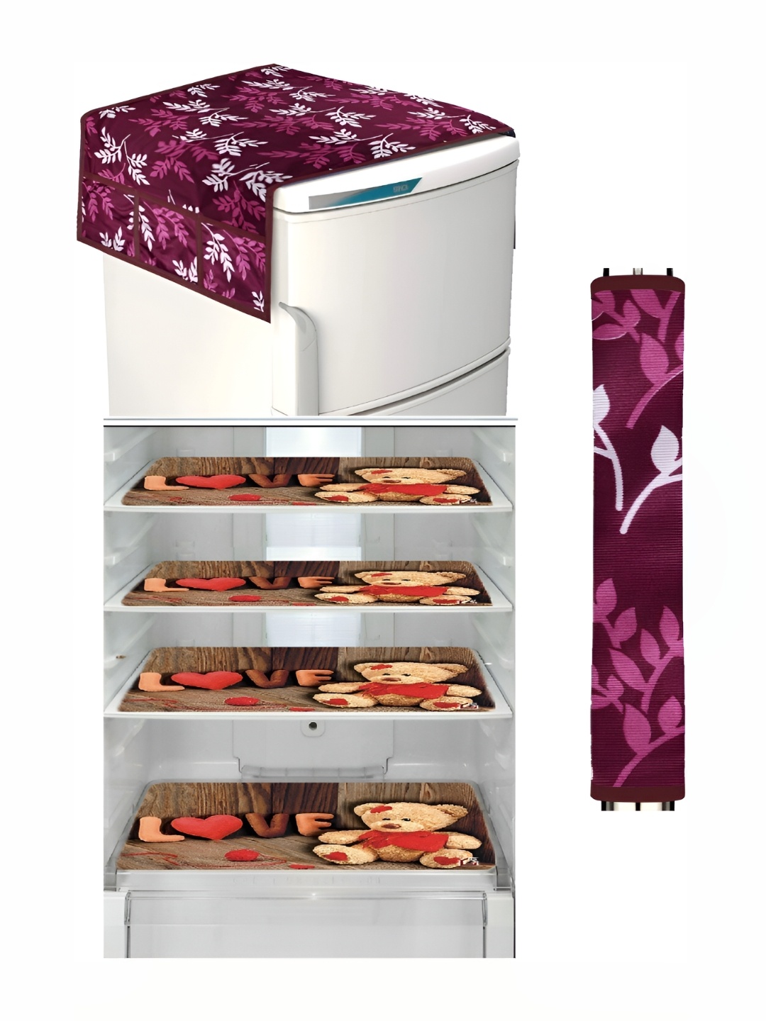 

REVEXO Brown & Burgundy 6 Pieces Printed Fridge Top Cover Handle Covers & Mats