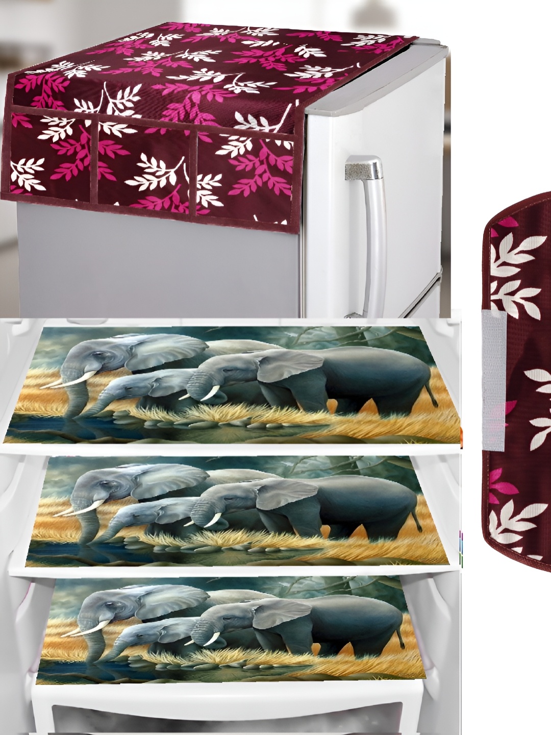 

REVEXO Maroon & Grey 5 Pieces Printed Fridge Top Cover & Mats