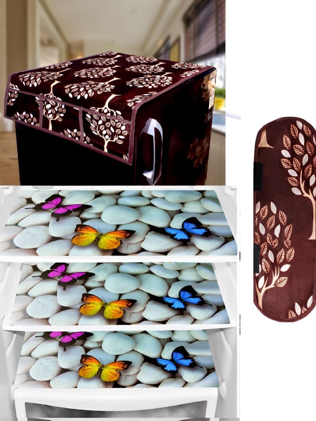 

REVEXO White & Brown 5 Pieces Floral Printed Fridge Appliance Covers