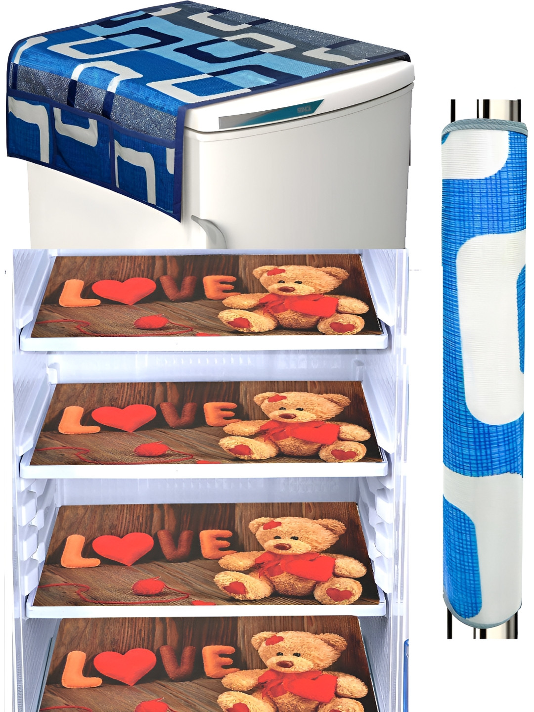 

REVEXO Brown & Blue 6 Pieces Printed Fridge Top Cover Handle Covers & Mats