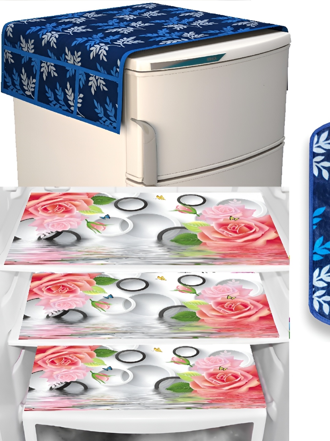 

REVEXO Blue & White 5 Pieces Refrigerator covers, Mats & Handle Cover