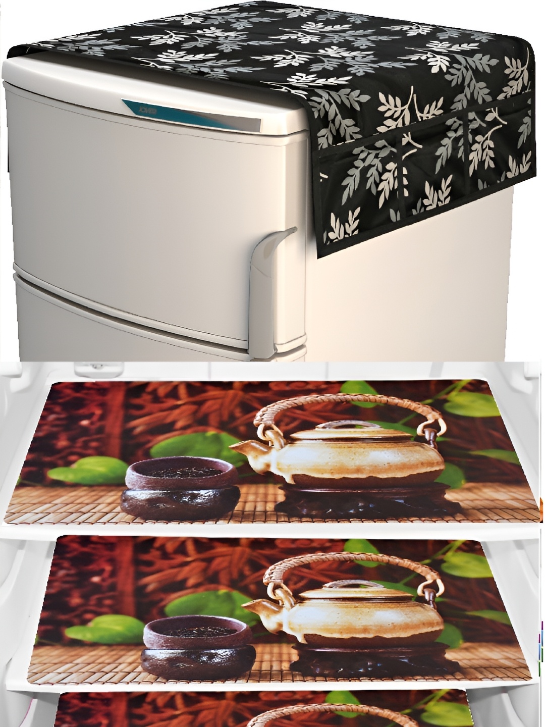 

REVEXO Black & Brown 4 Pieces Printed Fridge Top Cover & Mats