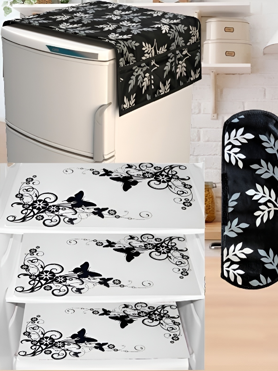 

REVEXO Black & Grey 5 Pcs Refrigerator covers, Mats & Handle Cover