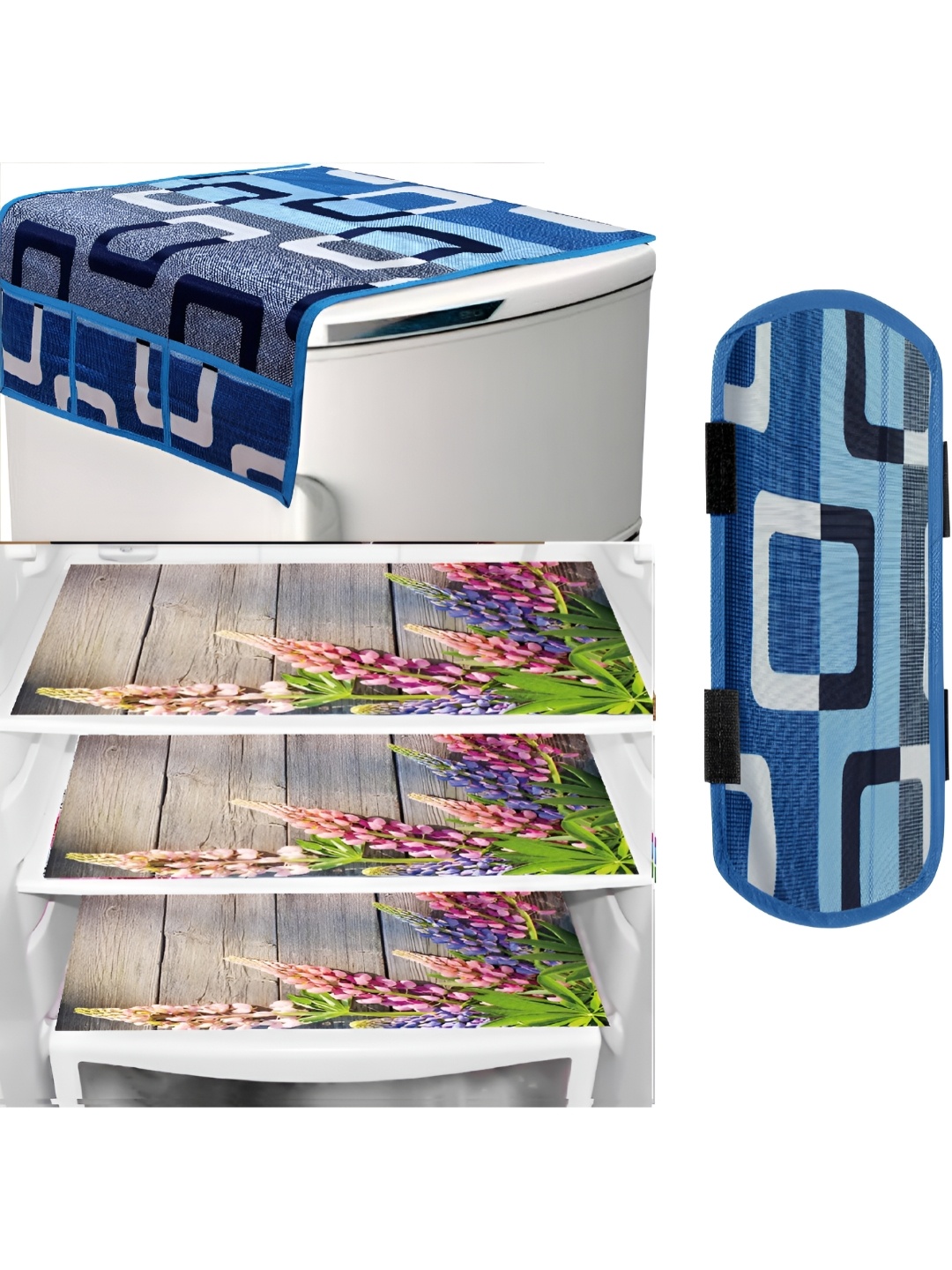 

REVEXO Brown & Blue 5 Pieces Printed Fridge Top Cover Handle Covers & Mats