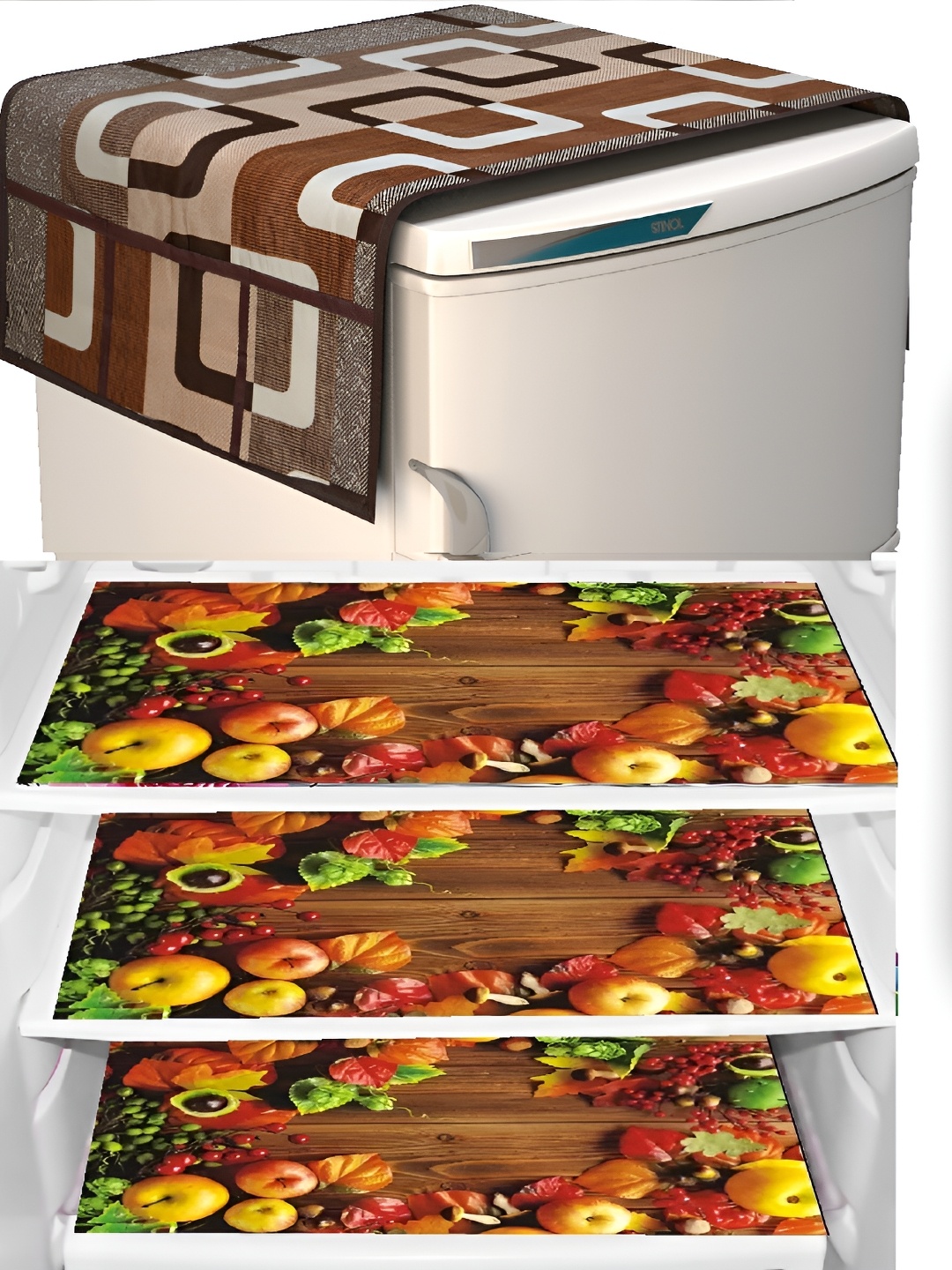 

REVEXO 5 Brown & Yellow 5 Pieces Refrigerator Covers With Mats & Handle Cover