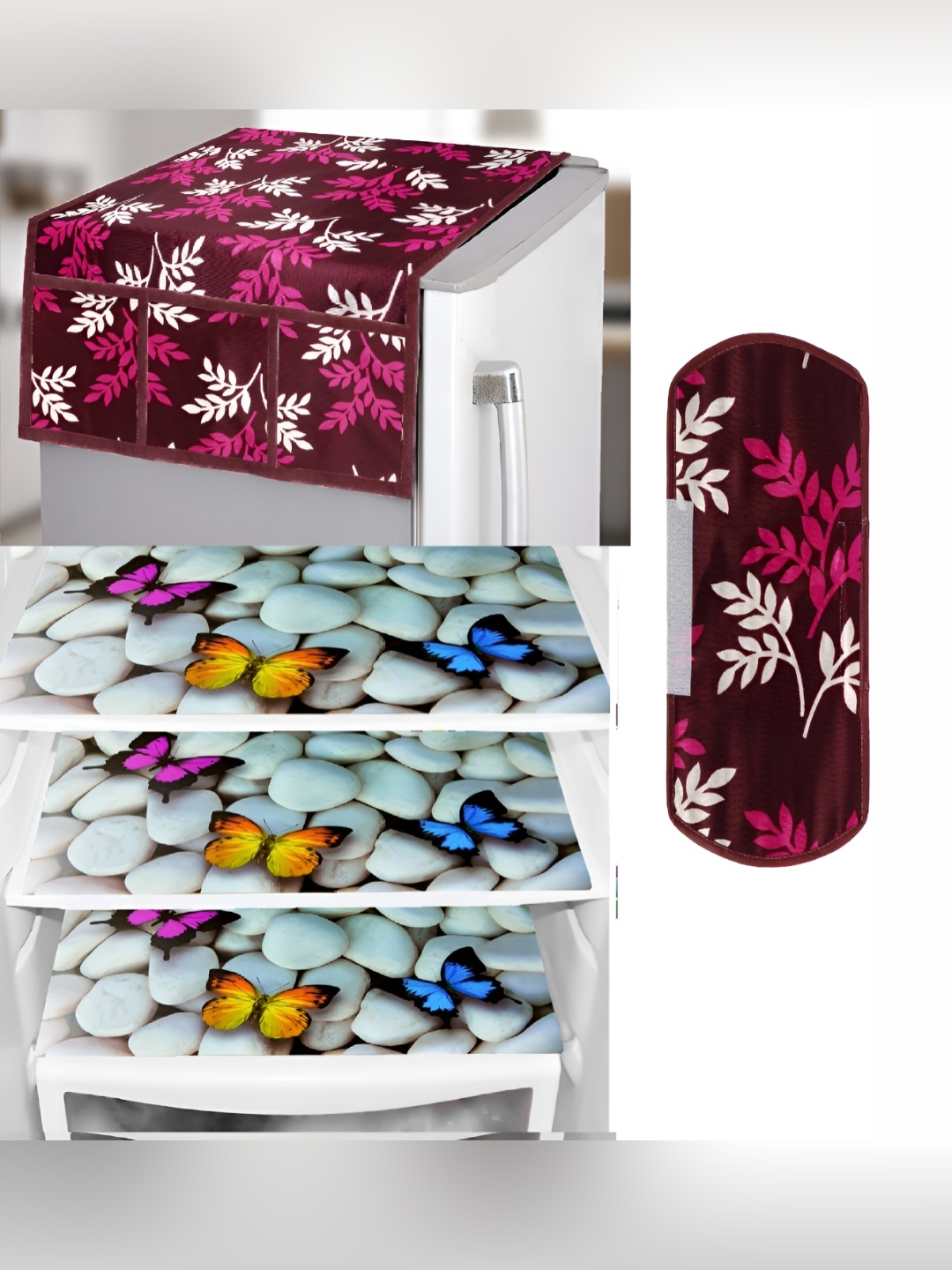 

REVEXO Maroon & White 5 Pcs Fridge Top Cover & Mats, Multi