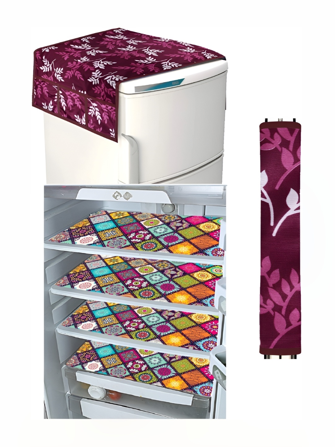 

REVEXO aroon & Pink 5 Pcs Printed Fridge Top Cover & Mats, Maroon