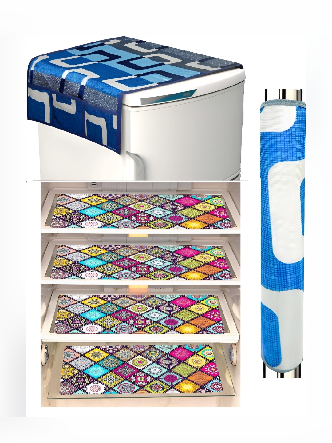 

REVEXO Pink & Blue 6 Pcs Printed Fridge Top Cover Handle Covers & Mats