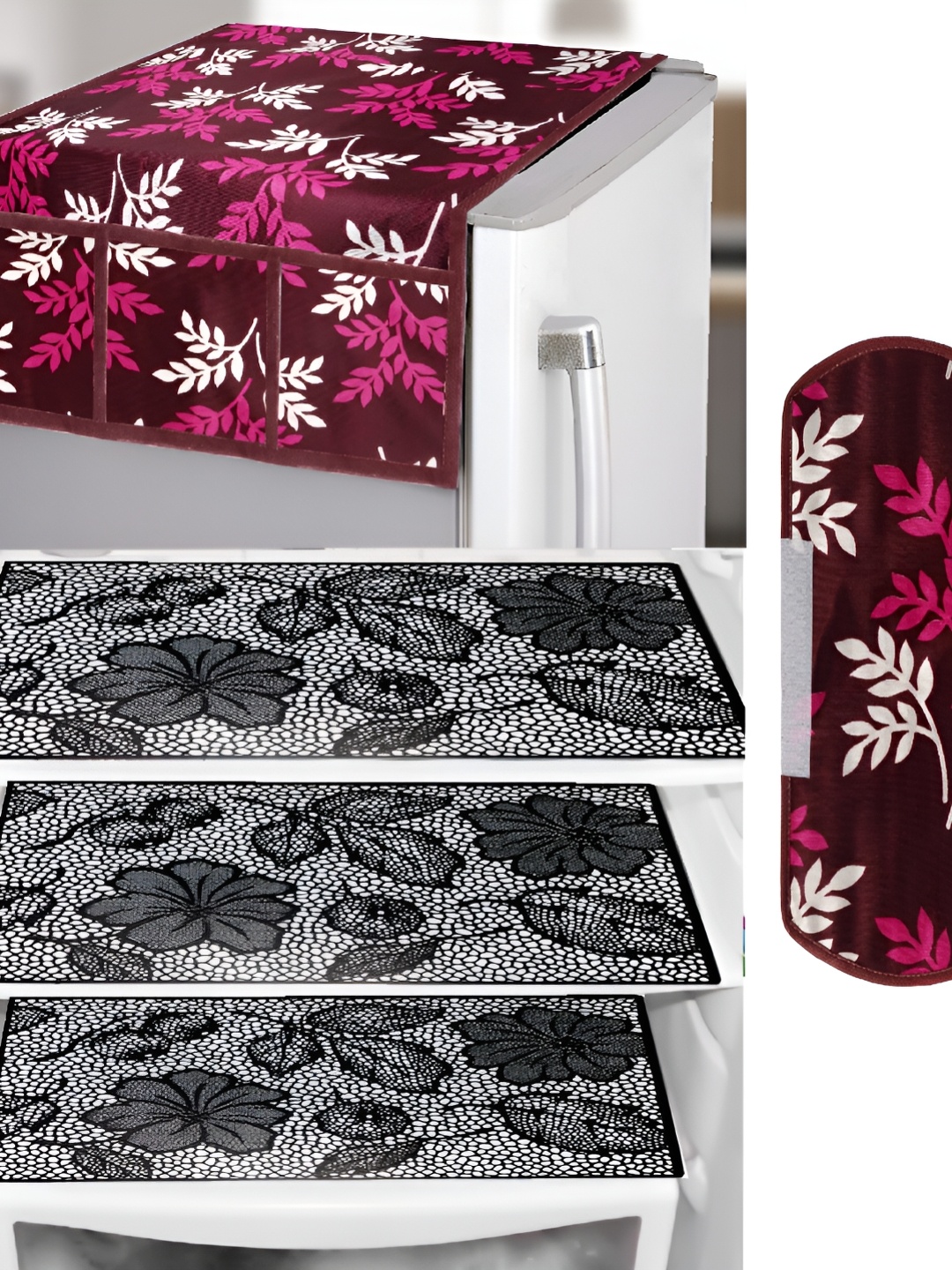 

REVEXO Maroon & Black 5 Pieces Printed Fridge Top Cover & Mats