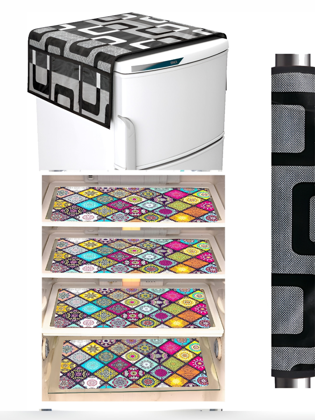 

REVEXO Brown & Pink 5 PIeces Printed Fridge Top Cover & Mats