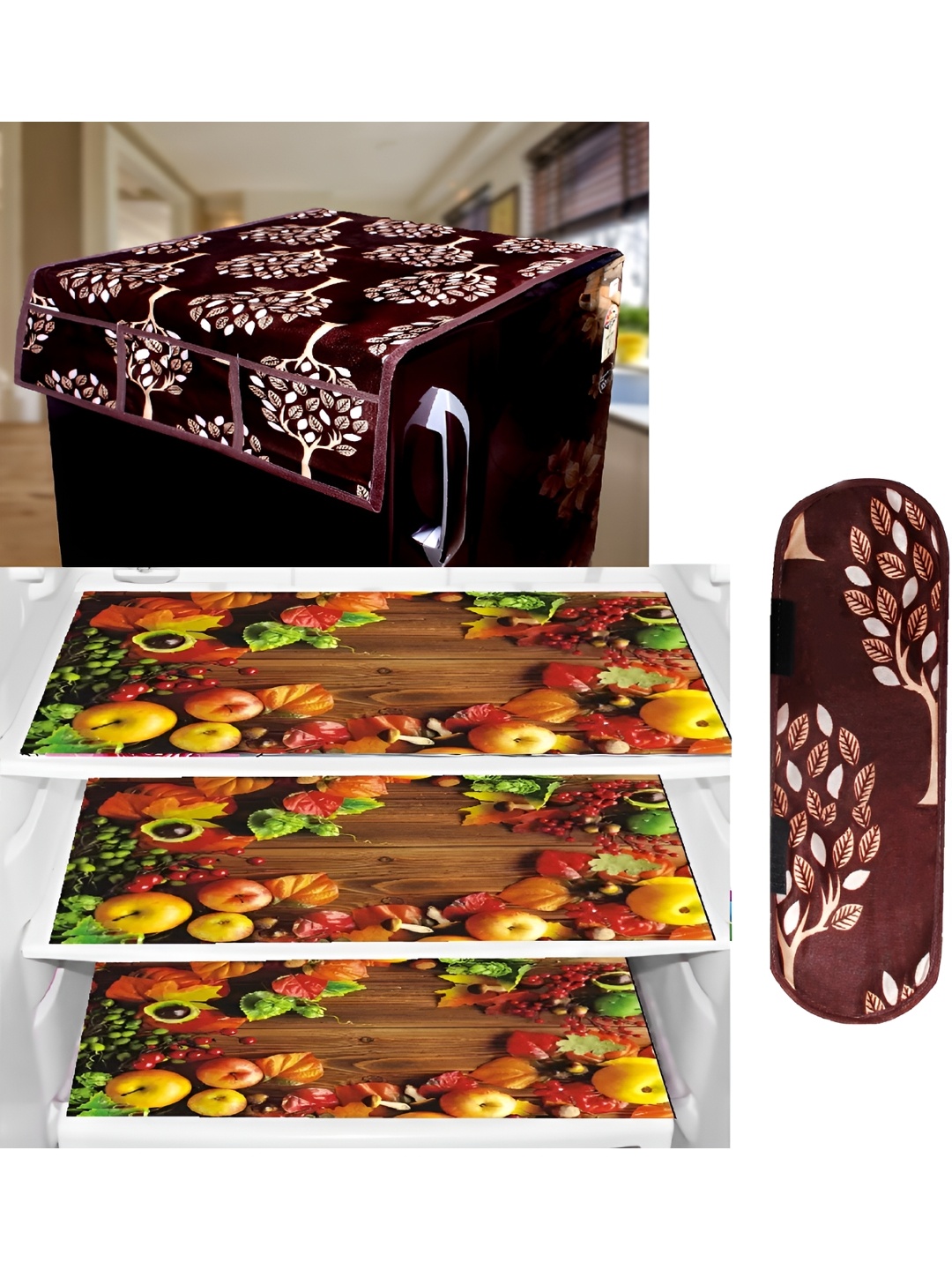 

REVEXO Brown & Yellow 5 Pieces Refrigerator covers, Mats & Handle Cover