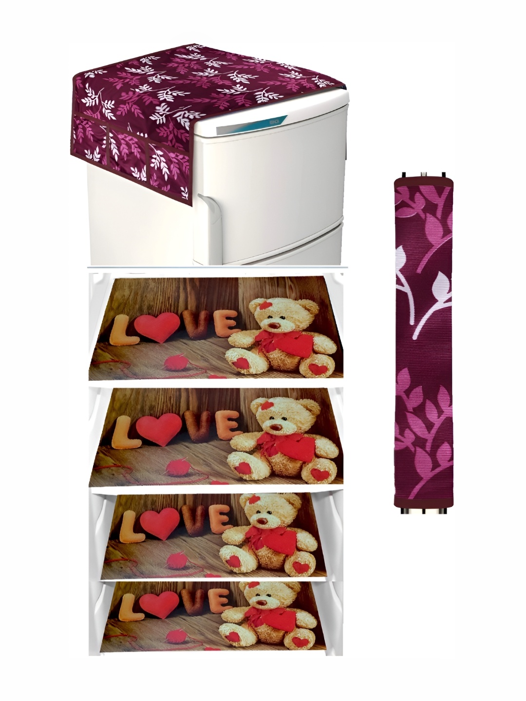 

REVEXO Burgundy & Brown 6 Pieces Printed Fridge Top Cover Handle Covers & Mats