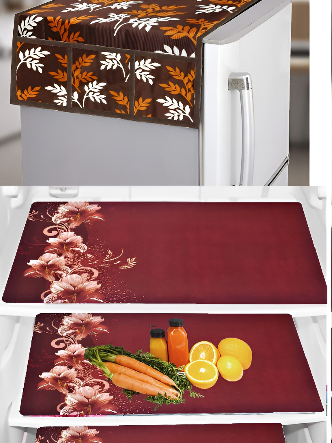 

REVEXO Maroon & Brown 4 Pieces Printed Fridge Top Cover & Mats