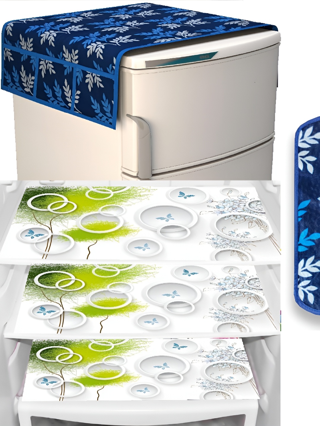 

REVEXO Blue & White 5 Pieces Refrigerator covers, Mats & Handle Cover