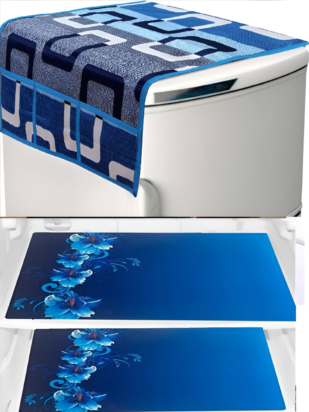 

REVEXO Blue & White 4 Pieces Printed Refrigerator Covers