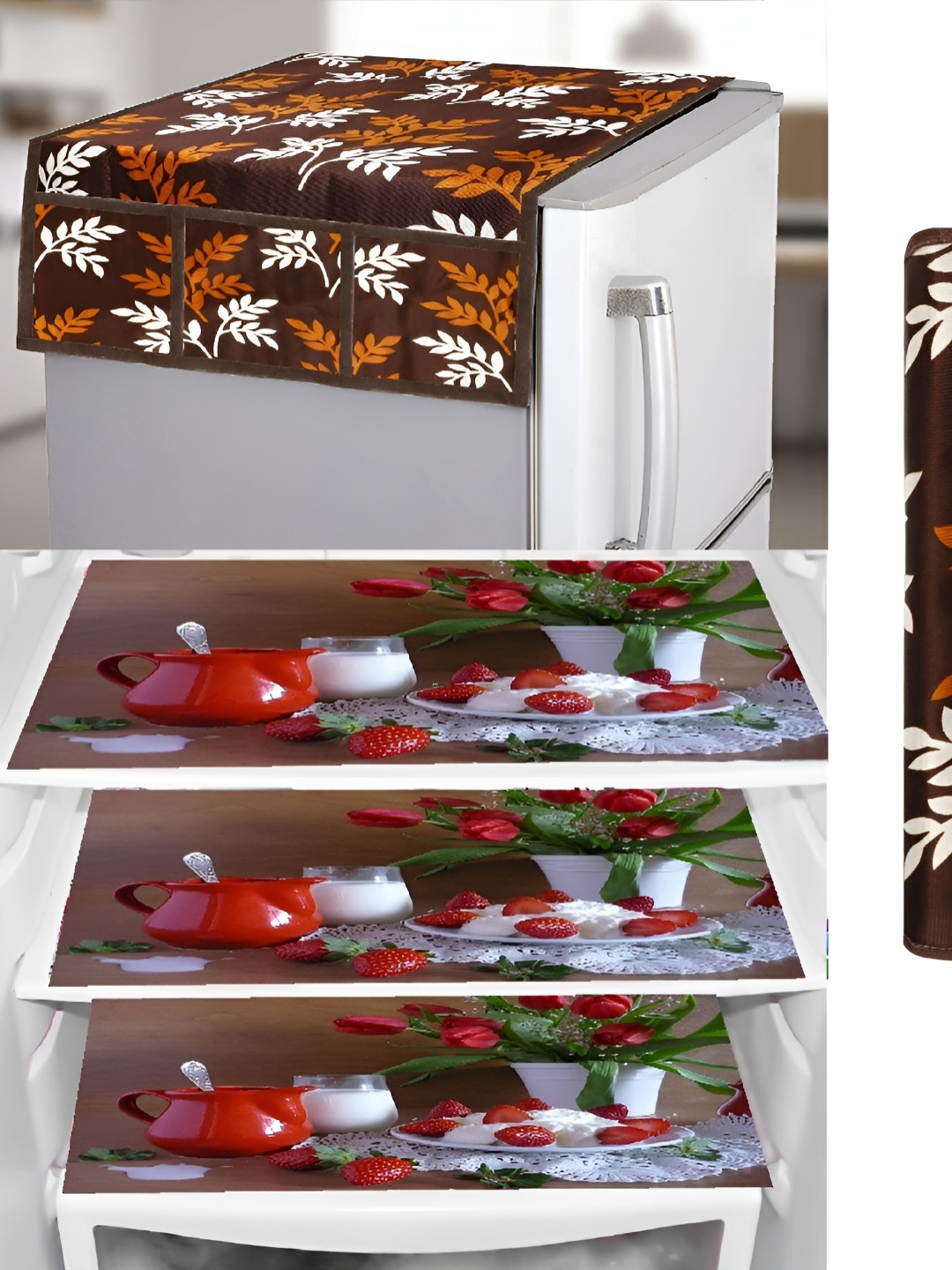 

REVEXO Brown & Red 5 Pieces Fridge Top Cover With Mats & Handle